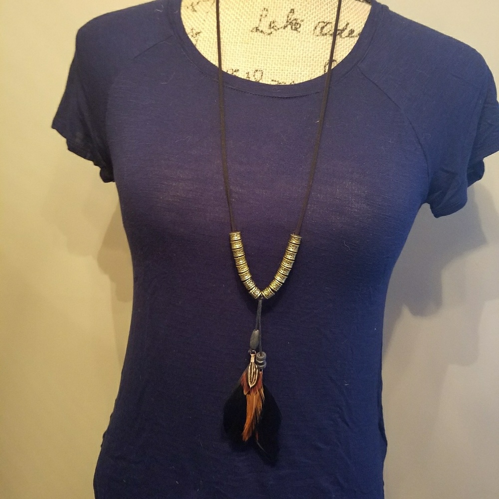 Long Black and Gold Necklace with Feather Detail